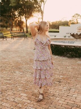 Lush Maxi Sundress Boho Tiered Ruffle Yellow/Lavender